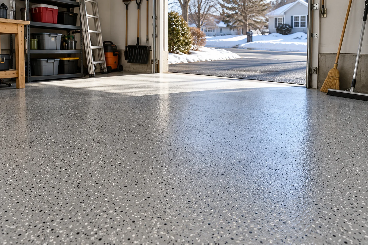 Illustrative example of a clean decorative flake-coated garage floor