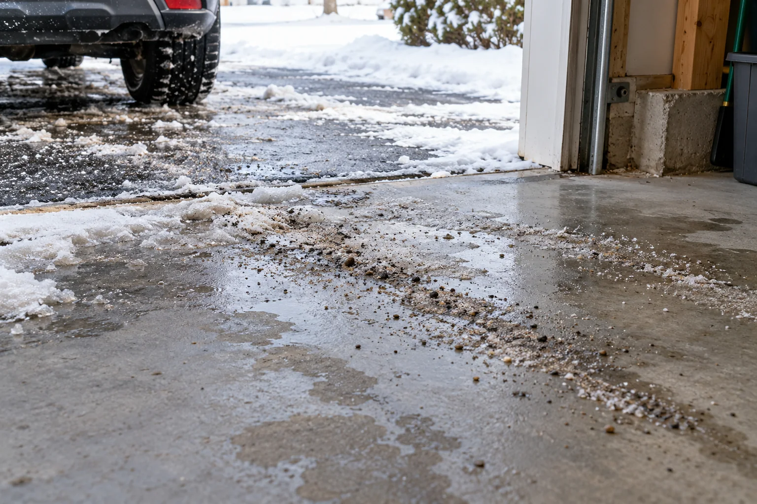 Illustration of winter slush, road salt, and grit tracked across a garage floor
